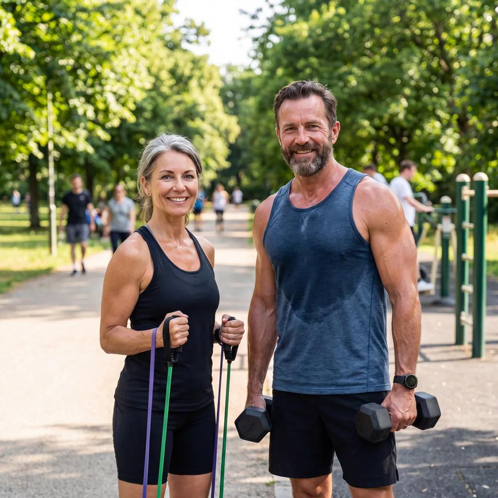 Two adults exercising outdoors with resistance bands and dumbbells for hormone optimization and active wellness